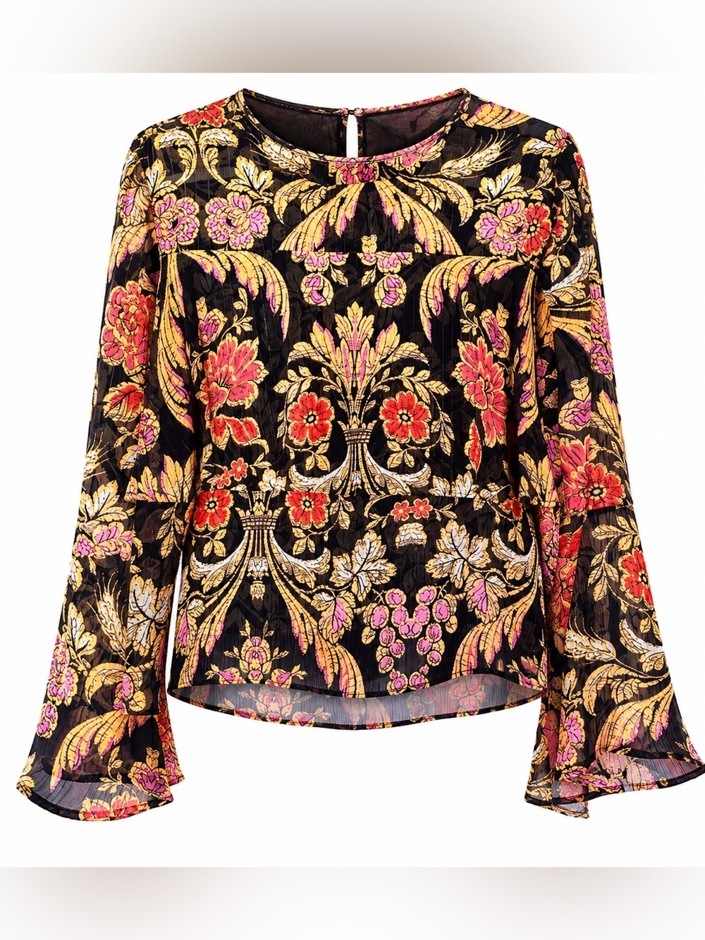 Belle Sky Sheer Floral Boho Bell Sleeve Blouse Top Size Large